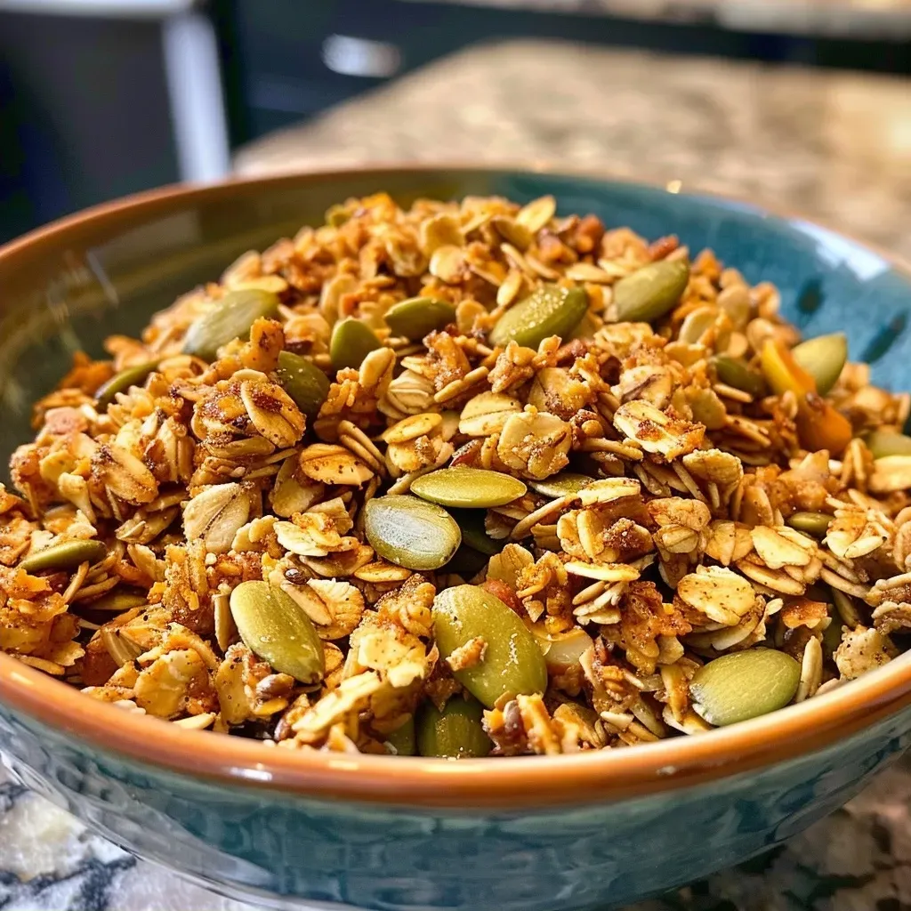 ['Close-up view of a bowl filled with healthy pumpkin spice granola featuring oats and pumpkin seeds.', 'Top-down perspective of a delicious serving of pumpkin spice granola with visible ingredients.', 'Side view of a colorful mix of granola, pumpkin seeds, and spices in a rustic bowl.', 'Detailed shot of granola showcasing pumpkin puree and spices blended together.']