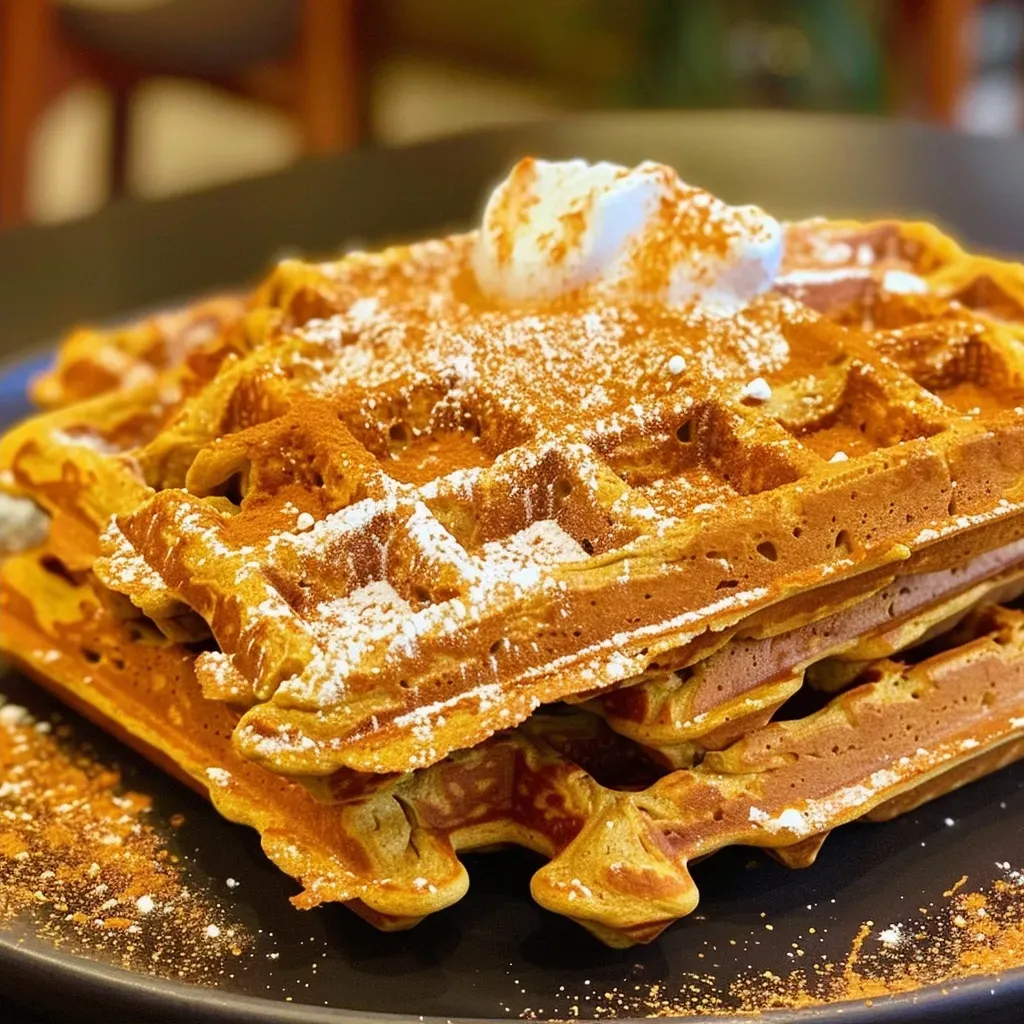 ['Close-up view of healthy pumpkin waffles topped with syrup and whipped cream.', 'Side view shot of delicious golden-brown pumpkin waffles on a plate.', 'Juicy pumpkin waffles arranged neatly, showcasing their fluffy texture.', 'Healthy pumpkin waffles displayed with a sprinkle of spices and maple syrup.']