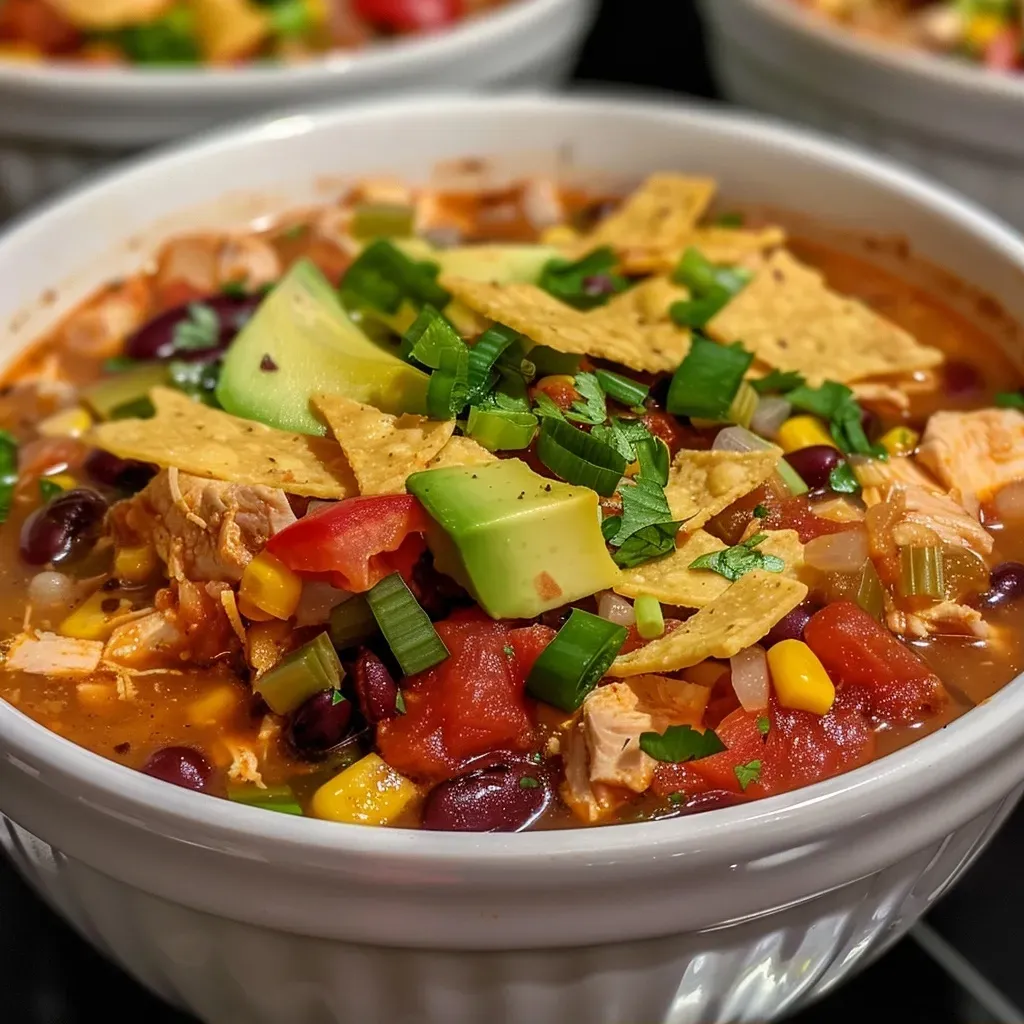 ['Close-up of a bowl of Healthy Slow Cooker Chicken Tortilla Soup with colorful toppings.', 'Side view of chicken tortilla soup featuring vibrant ingredients and garnishes.', 'A hearty bowl of tortilla soup showcasing chicken, beans, corn, and garnishes.', 'Juicy and colorful slow cooker chicken tortilla soup with fresh toppings.']