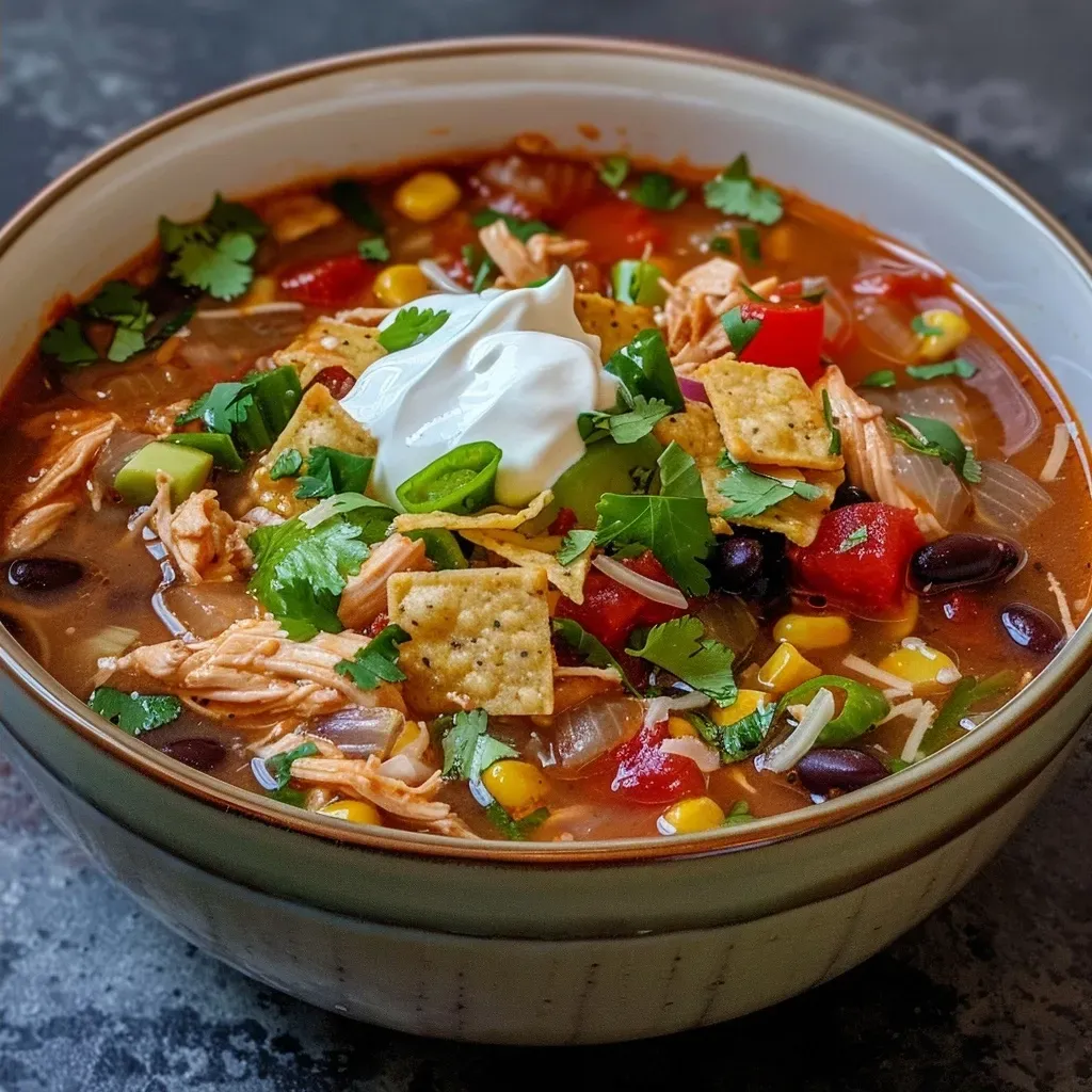 ['Close-up of a bowl of Healthy Slow Cooker Chicken Tortilla Soup with colorful toppings.', 'Side view of chicken tortilla soup featuring vibrant ingredients and garnishes.', 'A hearty bowl of tortilla soup showcasing chicken, beans, corn, and garnishes.', 'Juicy and colorful slow cooker chicken tortilla soup with fresh toppings.']