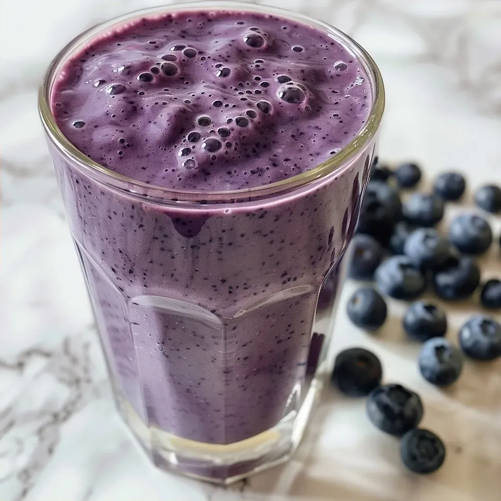['Close-up view of a vibrant purple smoothie in a clear glass with fresh blueberries scattered around.', 'Side view of a creamy smoothie made with blueberries and yogurt, placed on a wooden table.', 'Illuminated glass of healthy smoothie featuring a deep blue hue, with ingredients like blueberries and yogurt visible.', 'Refreshing smoothie in a glass, topped with blueberries, showcasing a rich texture and color.']
