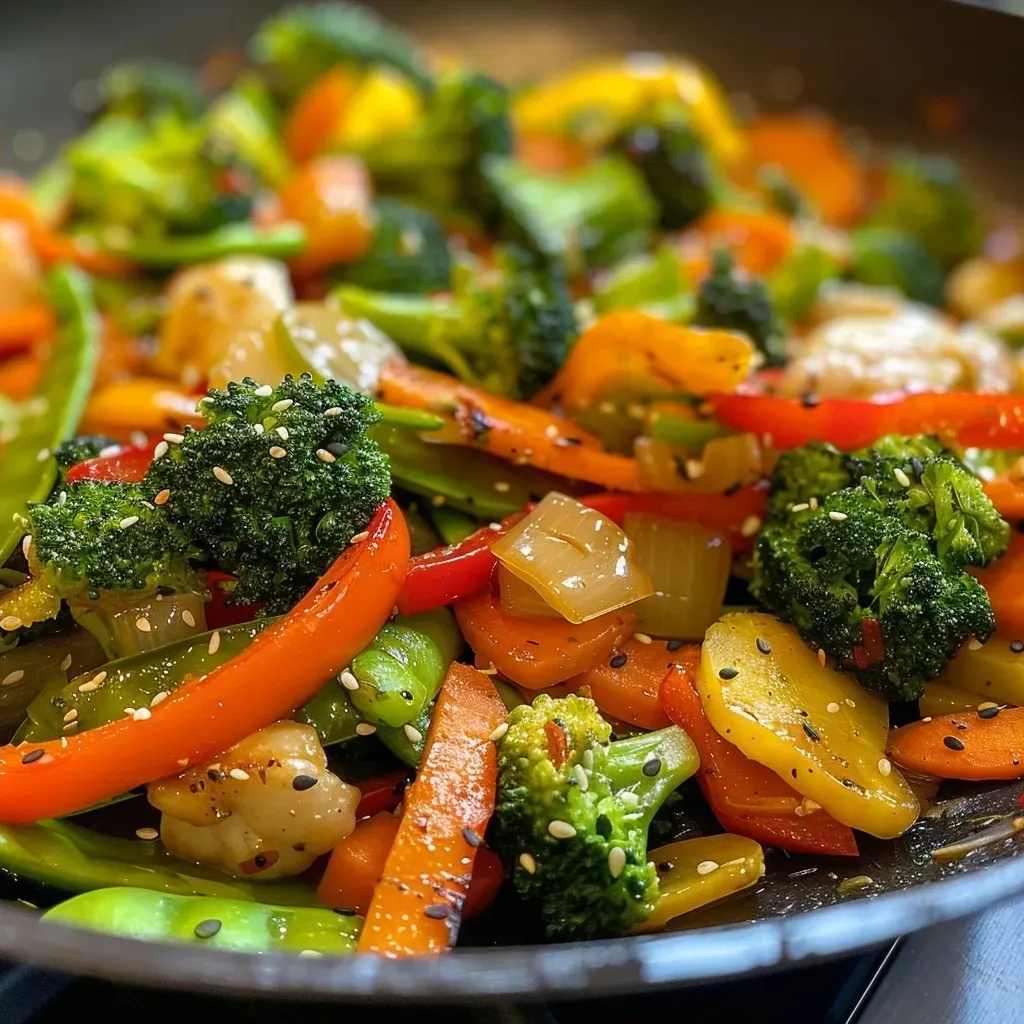 A vibrant mix of sautéed vegetables including broccoli, bell peppers, and carrots in a stir fry.