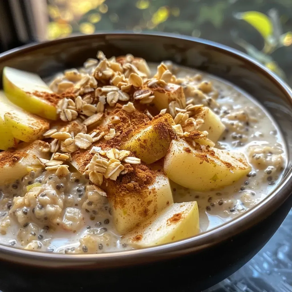 ['Close-up view of high protein apple cinnamon overnight oats in a glass jar.', 'Side view of delicious overnight oats topped with apple slices and cinnamon.', 'Creamy overnight oats featuring apple chunks, cinnamon, and chia seeds.', 'Healthy breakfast of apple cinnamon overnight oats served in a clear container.']
