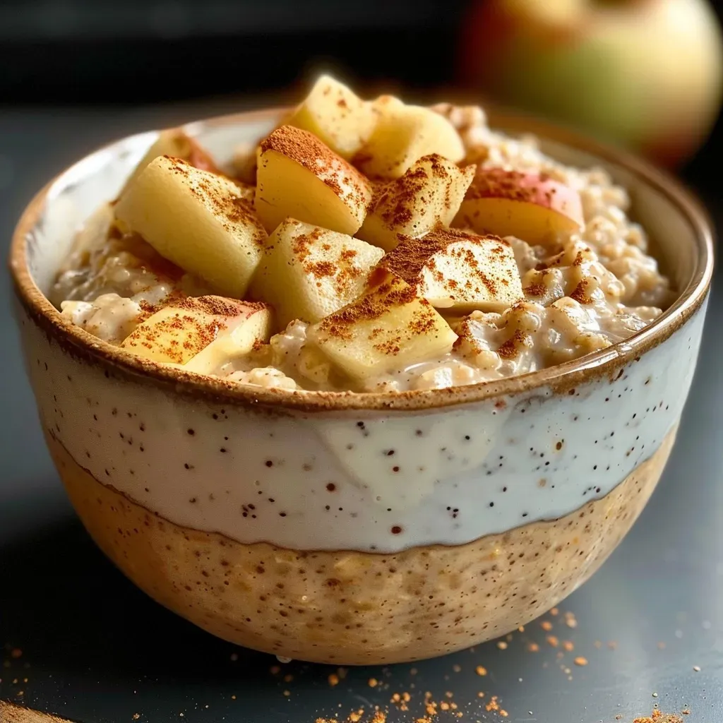 ['Close-up view of high protein apple cinnamon overnight oats in a glass jar.', 'Side view of delicious overnight oats topped with apple slices and cinnamon.', 'Creamy overnight oats featuring apple chunks, cinnamon, and chia seeds.', 'Healthy breakfast of apple cinnamon overnight oats served in a clear container.']