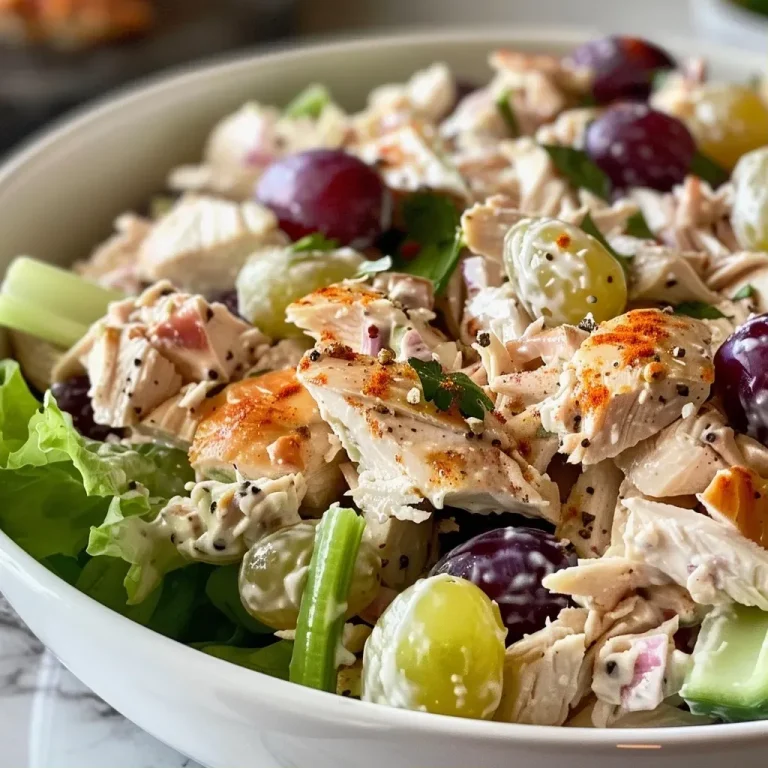 ['Close-up of a high protein chicken salad featuring diced chicken, grapes, and celery.', 'Side view of a colorful chicken salad with mayonnaise and cottage cheese, served in a bowl.', 'Juicy chicken salad with quartered grapes and fresh herbs, presented in a vibrant dish.', 'Close-up image of a high protein chicken salad, highlighting the texture of the ingredients.']