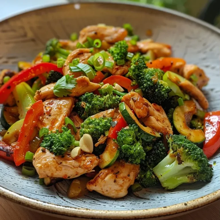 ['Close-up of a colorful chicken stir-fry with broccoli, bell pepper, and zucchini on a plate.', 'Juicy chicken strips mixed with vibrant vegetables in a stir-fry dish.', 'Side view of a healthy chicken stir-fry featuring garlic, ginger, and a splash of soy sauce.', 'A delectable plate of high-protein chicken stir-fry garnished with fresh cilantro.']