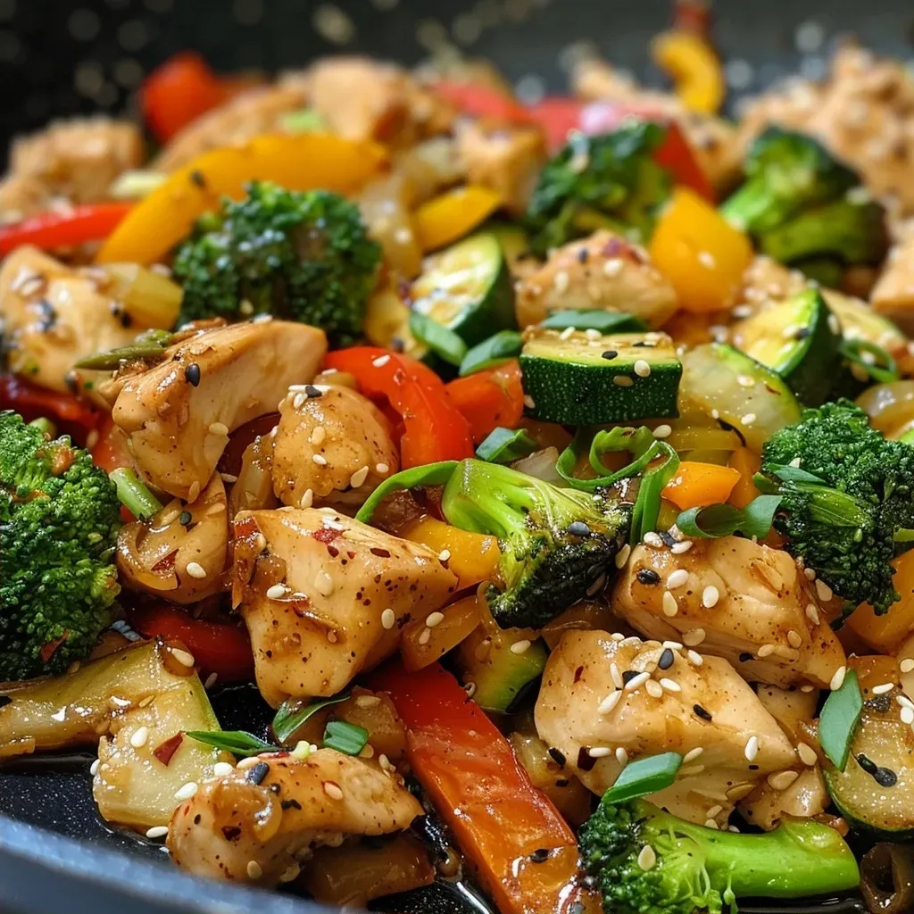 ['Close-up of a colorful chicken stir-fry with broccoli, bell pepper, and zucchini on a plate.', 'Juicy chicken strips mixed with vibrant vegetables in a stir-fry dish.', 'Side view of a healthy chicken stir-fry featuring garlic, ginger, and a splash of soy sauce.', 'A delectable plate of high-protein chicken stir-fry garnished with fresh cilantro.']
