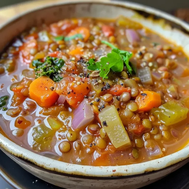 ['Close-up view of a bowl of high protein lentil soup with vibrant vegetables.', 'Side view of a creamy lentil soup featuring green lentils, tomatoes, and kale.', 'A colorful lentil soup displayed in a rustic bowl, showcasing its hearty ingredients.', 'Juicy lentil soup packed with vegetables, garnished and ready to serve.']
