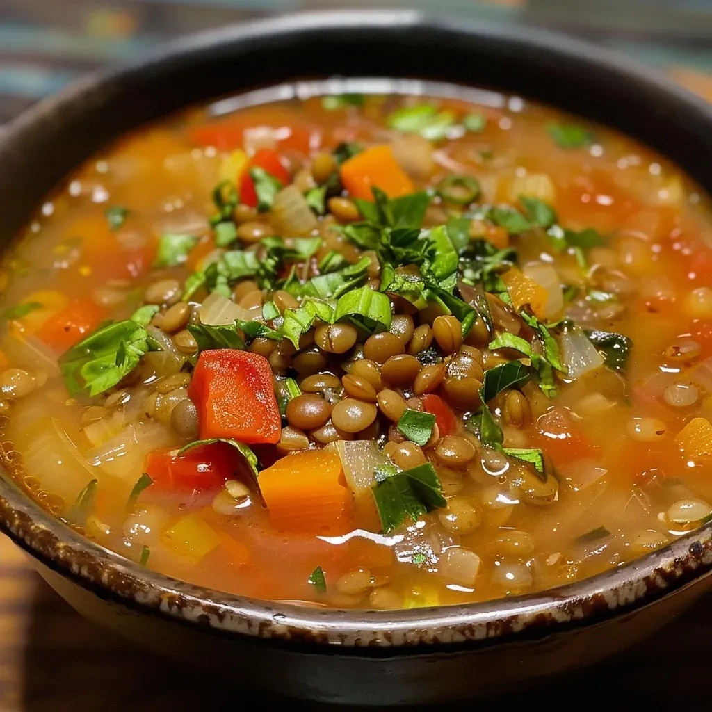 ['Close-up view of a bowl of high protein lentil soup with vibrant vegetables.', 'Side view of a creamy lentil soup featuring green lentils, tomatoes, and kale.', 'A colorful lentil soup displayed in a rustic bowl, showcasing its hearty ingredients.', 'Juicy lentil soup packed with vegetables, garnished and ready to serve.']