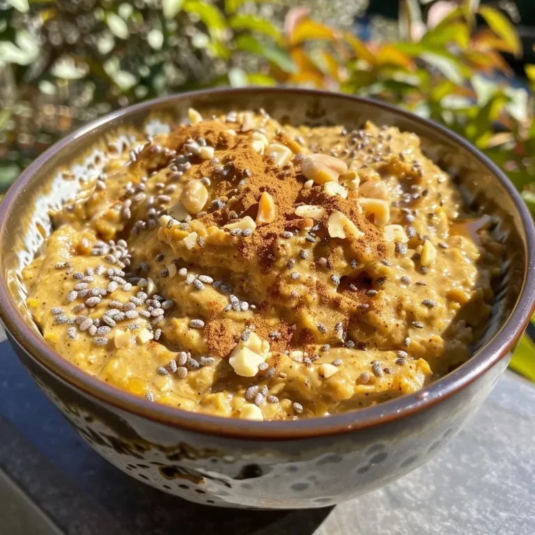 ['Close-up view of creamy pumpkin overnight oats topped with nuts and whipped cream.', 'Side angle of high protein pumpkin overnight oats with chia seeds and cinnamon sprinkled on top.', 'Deliciously layered pumpkin oats in a clear jar, showcasing the texture and toppings.', 'Homemade pumpkin overnight oats in a bowl, featuring a rich, smooth consistency.']
