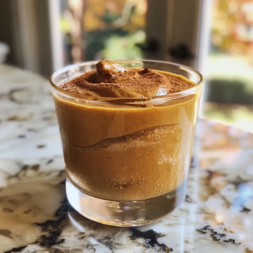 ['Close-up of a creamy pumpkin pie in a glass, topped with a drizzle of coconut milk.', 'Side view of a high protein pumpkin pie dessert in a glass, featuring a smooth texture and spices.', 'A glass filled with layers of pumpkin puree and coconut milk, garnished with spices.', 'Detailed shot of a high protein pumpkin pie in a glass, showcasing its rich, dairy-free ingredients.']