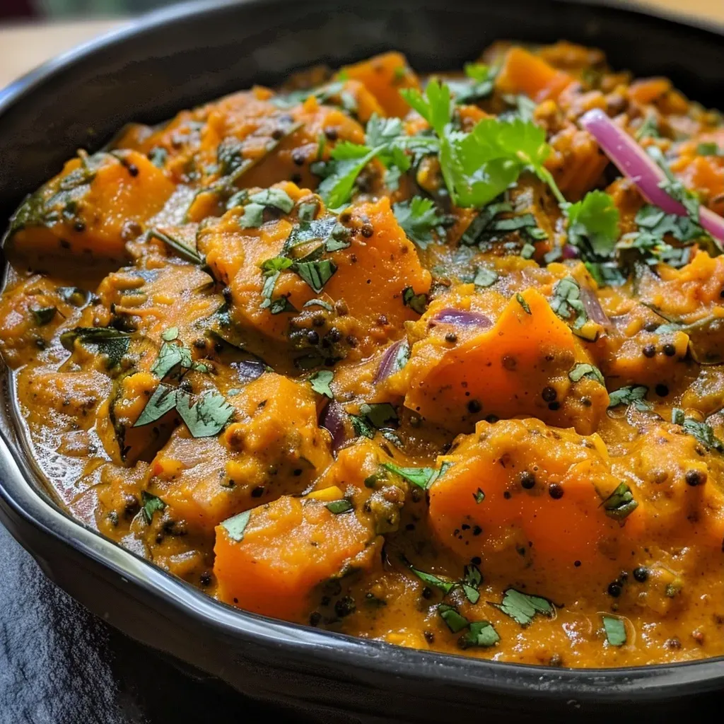 ['A vibrant bowl of Indian Pumpkin Curry with spices and vegetables.', 'A close-up view of creamy pumpkin curry garnished with spinach and cilantro.', 'Rich, orange-colored pumpkin curry with visible chunks of pumpkin and tomatoes.', 'An appetizing serving of Indian Pumpkin Curry, showcasing its glossy coconut milk texture.']