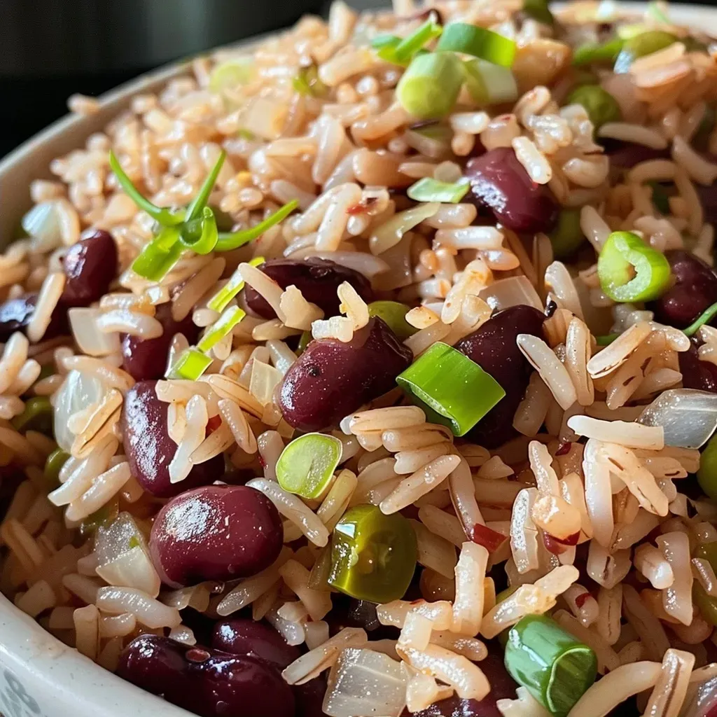 Close-up view of a serving of Instant Pot Rice and Peas with vivid colors.