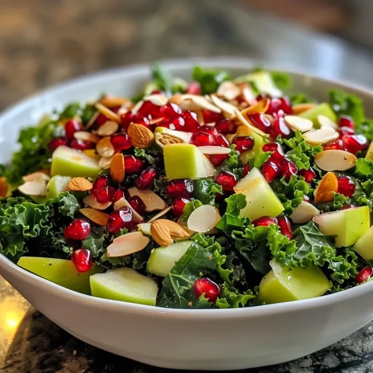 ['Close-up view of a vibrant kale and pomegranate salad with apple pieces and sliced almonds.', 'Kale Pomegranate Salad featuring fresh greens, pomegranate seeds, and nuts, shot in natural light.', 'Side angle of a colorful salad showcasing lacinato kale, green apple, and rich pomegranate seeds.', 'A detailed look at a healthy salad composed of kale, pomegranate, and almond slices in a bowl.']