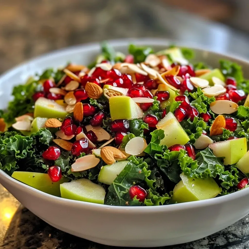 ['Close-up view of a vibrant kale and pomegranate salad with apple pieces and sliced almonds.', 'Kale Pomegranate Salad featuring fresh greens, pomegranate seeds, and nuts, shot in natural light.', 'Side angle of a colorful salad showcasing lacinato kale, green apple, and rich pomegranate seeds.', 'A detailed look at a healthy salad composed of kale, pomegranate, and almond slices in a bowl.']