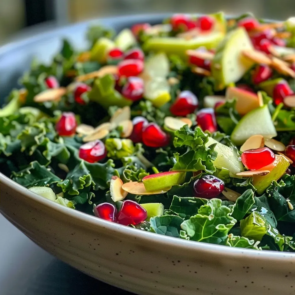['Close-up view of a vibrant kale and pomegranate salad with apple pieces and sliced almonds.', 'Kale Pomegranate Salad featuring fresh greens, pomegranate seeds, and nuts, shot in natural light.', 'Side angle of a colorful salad showcasing lacinato kale, green apple, and rich pomegranate seeds.', 'A detailed look at a healthy salad composed of kale, pomegranate, and almond slices in a bowl.']