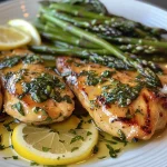['Close-up view of juicy lemon herb chicken alongside fresh asparagus.', 'Side angle of golden-brown lemon herb chicken with green asparagus spears.', 'Flavorful lemon herb chicken garnished with lemon slices and asparagus on a plate.', 'Appetizing plate featuring succulent lemon herb chicken and vibrant asparagus.']