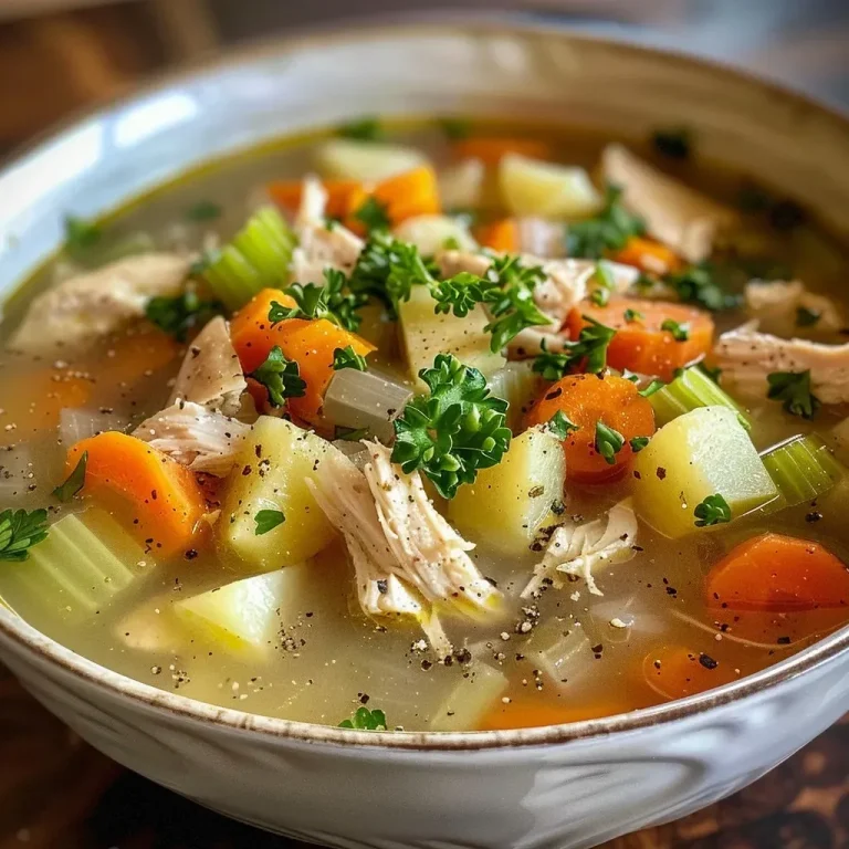 ['Close-up of a bowl of chicken pot pie soup with vibrant vegetables.', 'A side view of a steaming bowl of low-calorie chicken pot pie soup garnished with parsley.', 'Detailed shot of hearty chicken pot pie soup showcasing colorful ingredients in a white bowl.', 'Close-up image of low-calorie soup filled with chicken and vegetables, presented in a rustic setting.']