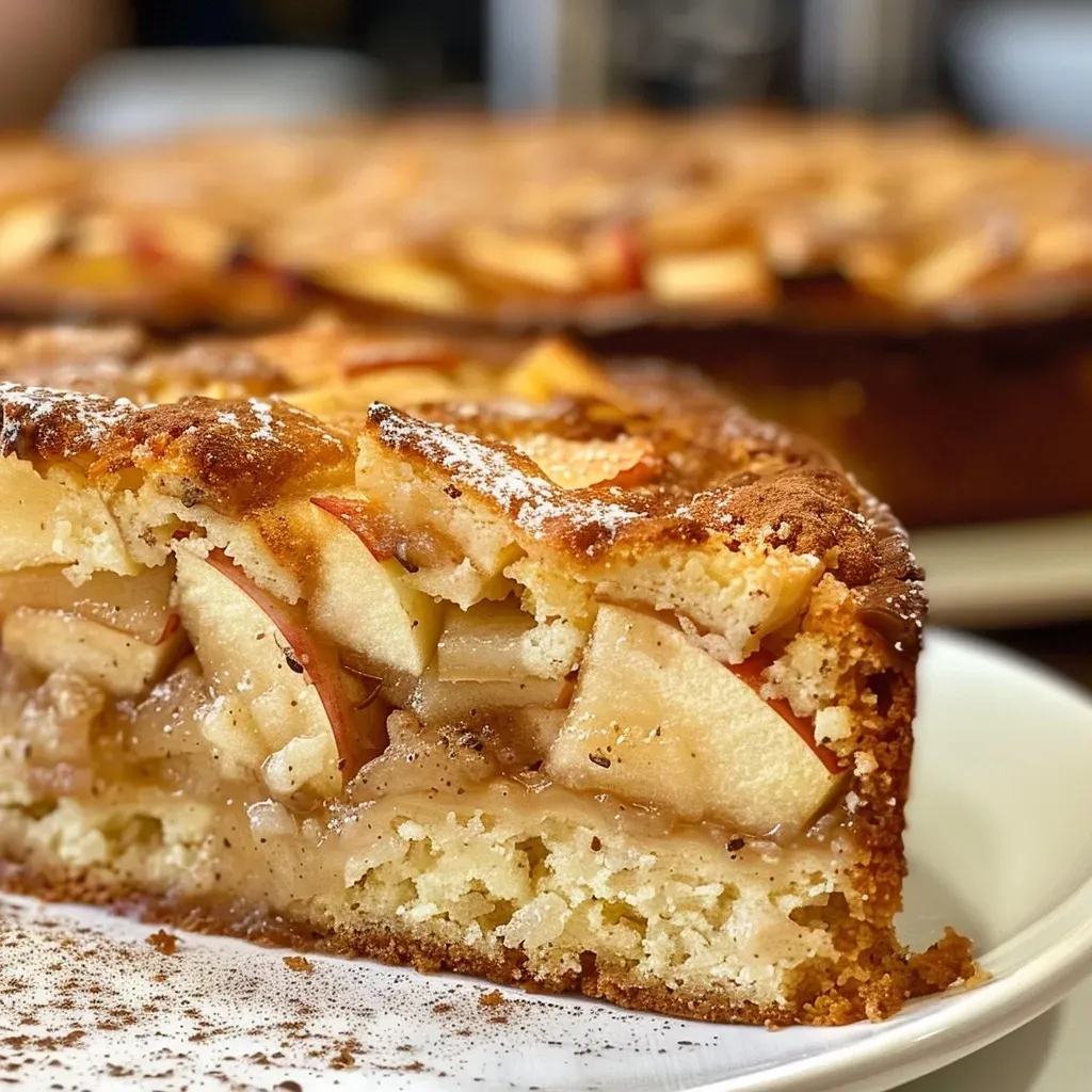 ['Side view of a slice of low-fat cinnamon apple cake with visible apple chunks.', 'Close-up image of a moist low-fat cinnamon apple cake, highlighting its texture and ingredients.', 'Detailed view of a piece of low-fat cinnamon apple cake, showing the creamy topping and apple pieces.', 'Slice of low-fat cinnamon apple cake with a golden-brown crust and sprinkled cinnamon on top.']