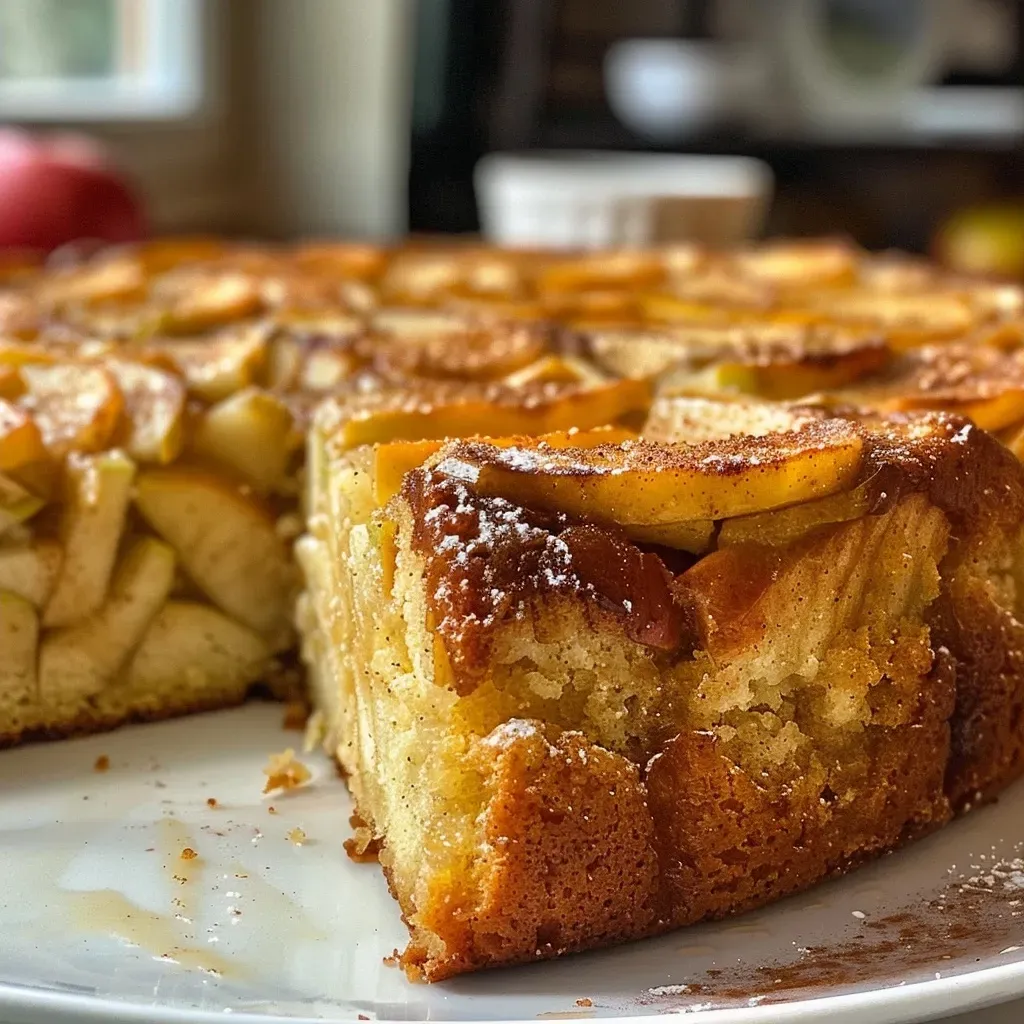 ['Side view of a slice of low-fat cinnamon apple cake with visible apple chunks.', 'Close-up image of a moist low-fat cinnamon apple cake, highlighting its texture and ingredients.', 'Detailed view of a piece of low-fat cinnamon apple cake, showing the creamy topping and apple pieces.', 'Slice of low-fat cinnamon apple cake with a golden-brown crust and sprinkled cinnamon on top.']