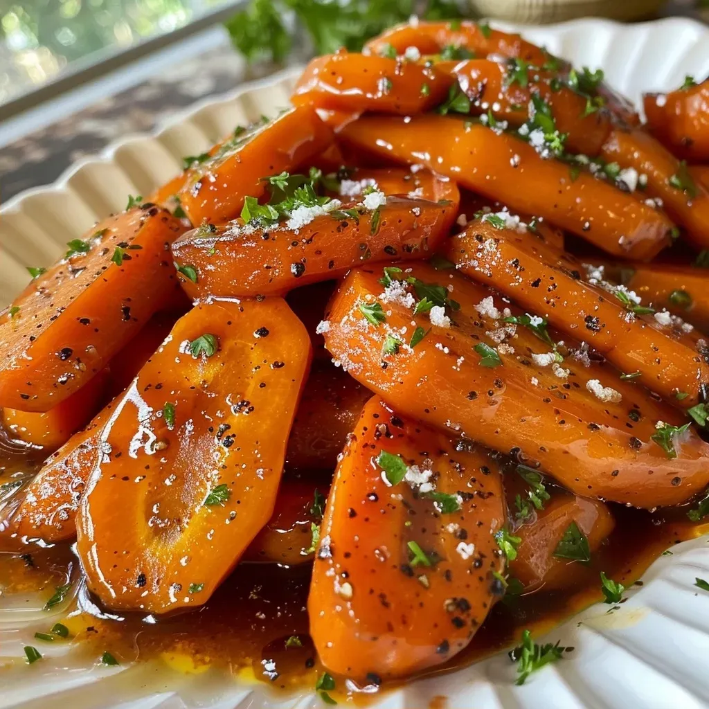 Close-up of shiny maple glazed carrots with a glossy finish.