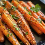 ['Close-up of golden glazed carrots on a plate with a shiny maple coating.', 'Side view of oven-roasted carrots glistening with maple syrup, garnished with herbs.', 'Juicy, caramelized carrots arranged on a white dish, showcasing their vibrant color.', 'Freshly cooked maple-glazed carrots capturing a rich, glossy glaze in natural light.']