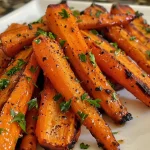 ['Close-up view of roasted carrots glistening with maple glaze.', 'Juicy maple glazed roasted carrots arranged on a rustic plate.', 'Side view of vibrant, shiny roasted carrots with a sweet glaze.', 'Tender carrots coated in a rich maple syrup glaze, ready to eat.']