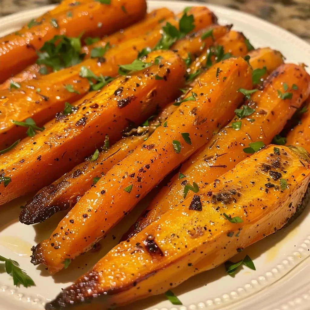 Close-up view of roasted carrots glistening with maple glaze.