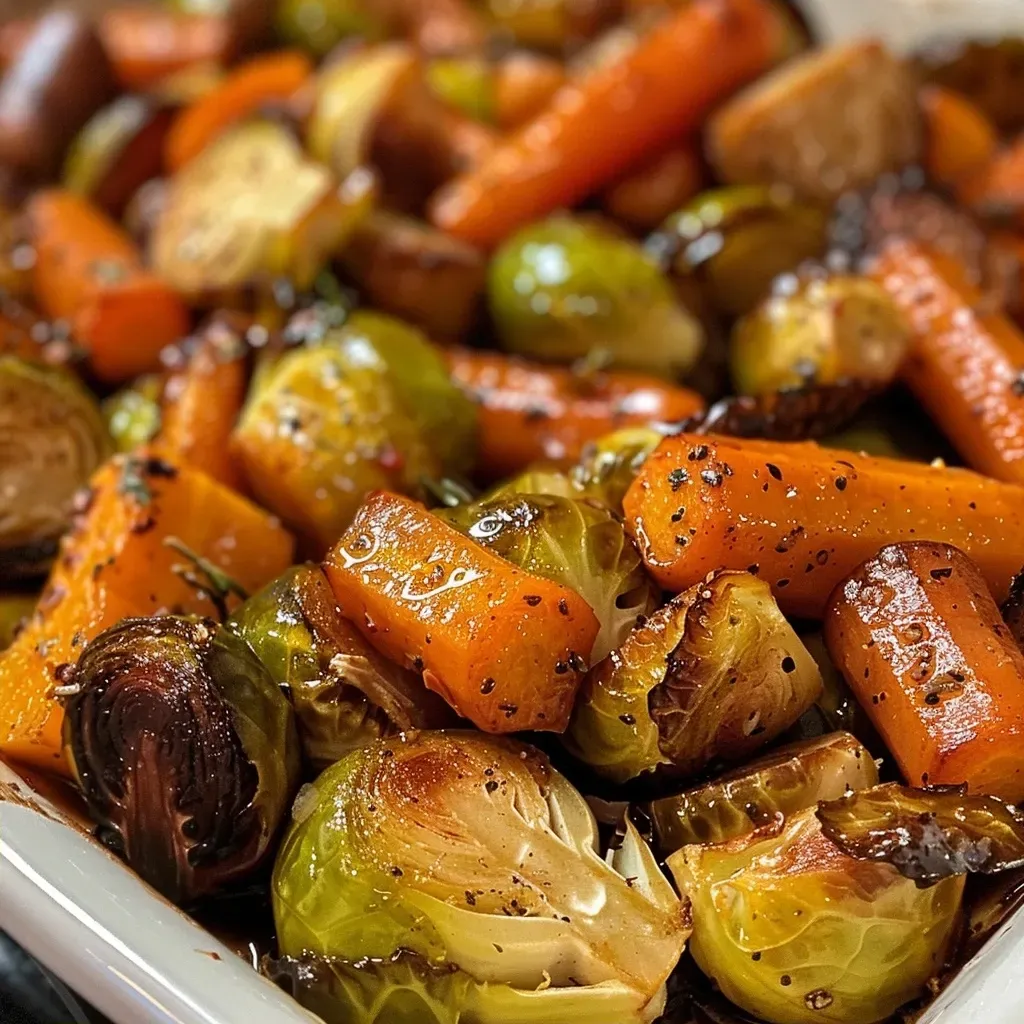 ['Close-up side view of roasted Brussels sprouts and carrots glazed with maple syrup.', 'Juicy maple glazed vegetables including Brussels sprouts and small carrots on a plate.', 'Colorful assortment of roasted vegetables, featuring shiny maple glaze, highlighting Brussels sprouts and carrots.', 'Side view of succulent roasted vegetables, showcasing the caramelized texture from maple syrup.']