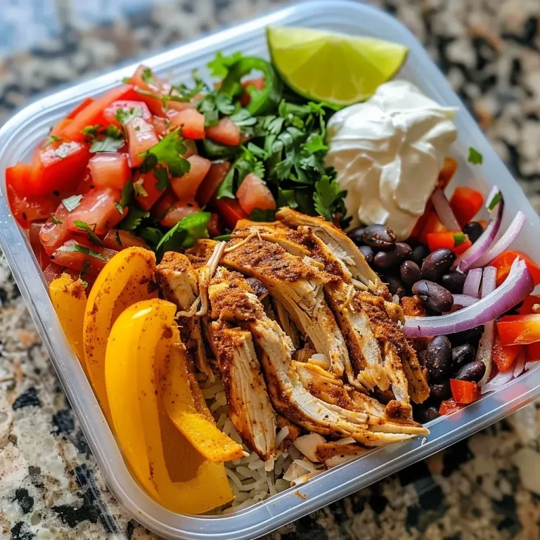 ['A close-up view of vibrant meal prep fajita bowls featuring chicken, bell peppers, and rice.', 'Juicy meal prep fajita bowls arranged neatly with colorful ingredients including lettuce and salsa.', 'Side view of meal prep fajita bowls displaying shredded chicken, sliced vegetables, and toppings.', 'A detailed shot of meal prep fajita bowls with grilled chicken, black beans, and fresh garnishes.']