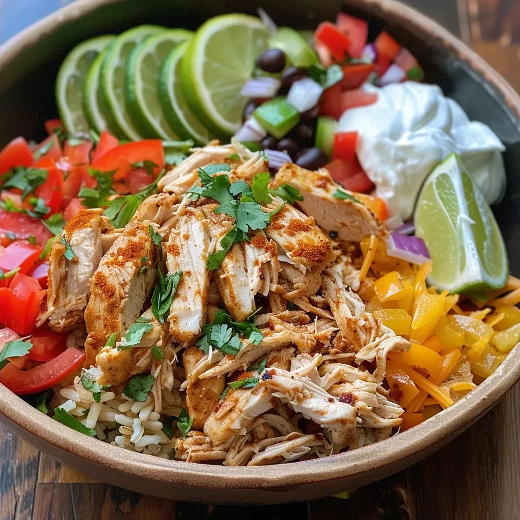 ['A close-up view of vibrant meal prep fajita bowls featuring chicken, bell peppers, and rice.', 'Juicy meal prep fajita bowls arranged neatly with colorful ingredients including lettuce and salsa.', 'Side view of meal prep fajita bowls displaying shredded chicken, sliced vegetables, and toppings.', 'A detailed shot of meal prep fajita bowls with grilled chicken, black beans, and fresh garnishes.']