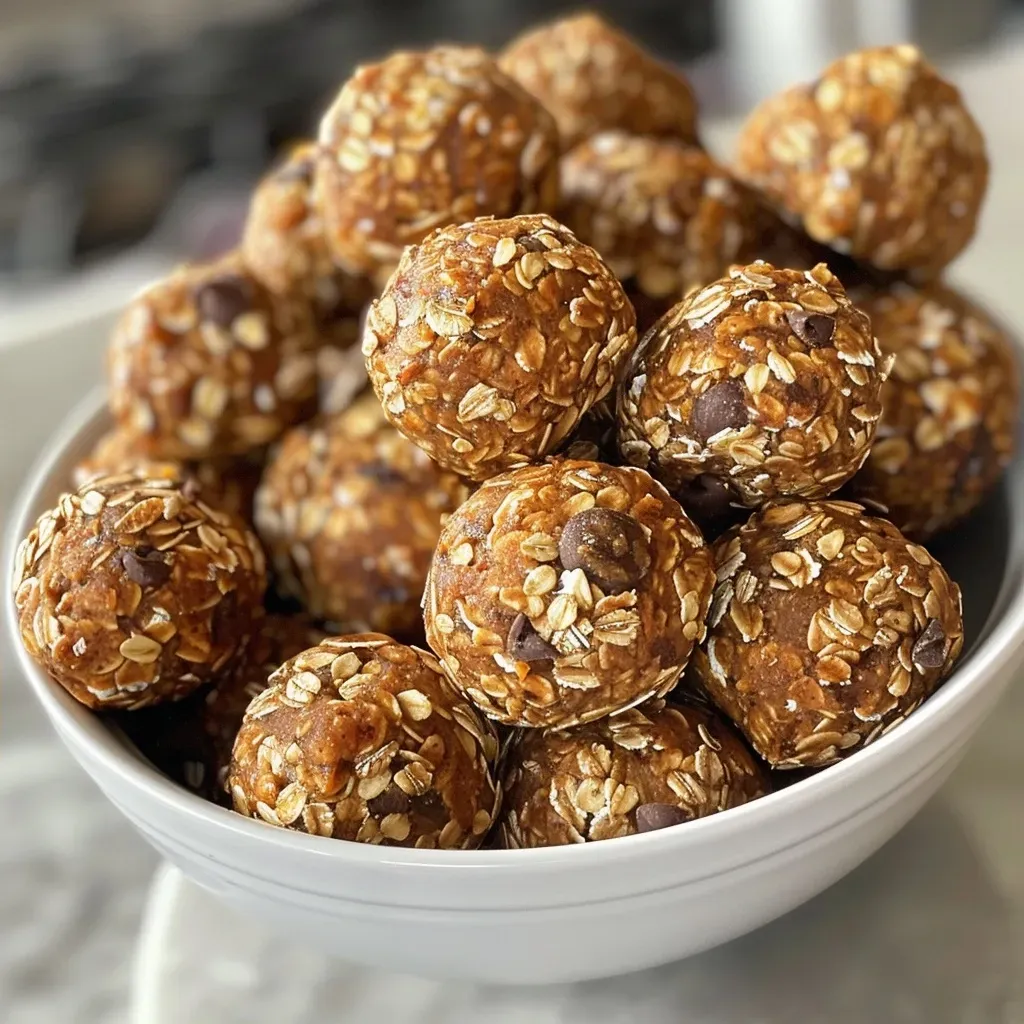 ['Close-up view of No Bake Pumpkin Spice Energy Bites with a textured surface.', 'Side view of several No Bake Pumpkin Spice Energy Bites arranged on a plate.', 'A cluster of No Bake Pumpkin Spice Energy Bites with visible chocolate chips and oats.', 'Juicy No Bake Pumpkin Spice Energy Bites highlighting ingredients like pumpkin puree and chia seeds.']