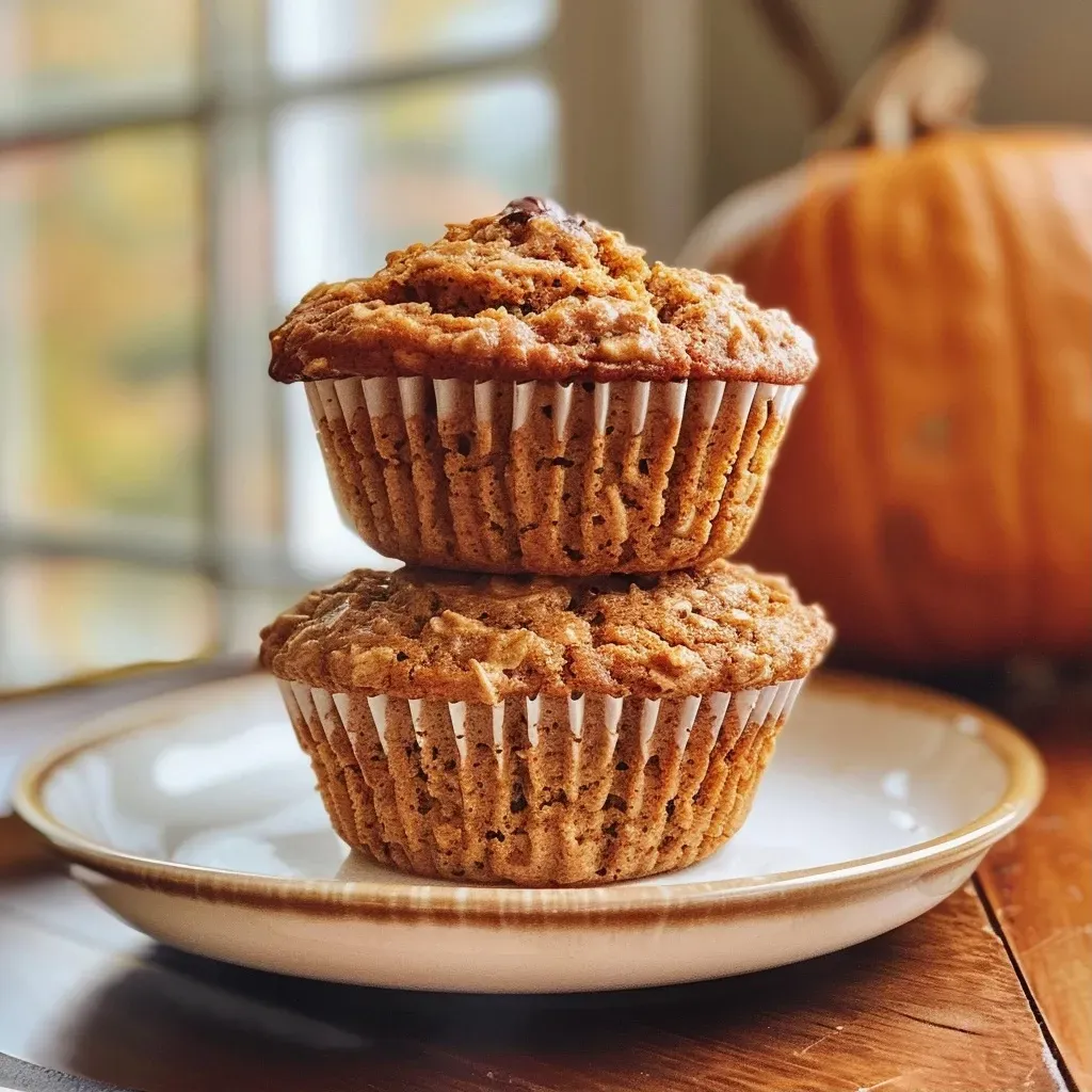 ['Close-up view of freshly baked oat flour pumpkin muffins with chocolate chips.', 'Side view of delicious pumpkin muffins topped with melted chocolate.', 'Moist and fluffy oat flour pumpkin muffins displayed on a wooden table.', 'Golden-brown pumpkin muffins with chocolate chips, showcasing a soft texture.']