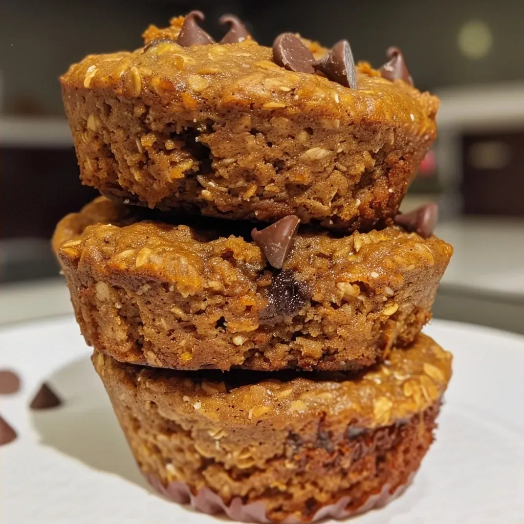 ['Close-up view of freshly baked oat flour pumpkin muffins with chocolate chips.', 'Side view of delicious pumpkin muffins topped with melted chocolate.', 'Moist and fluffy oat flour pumpkin muffins displayed on a wooden table.', 'Golden-brown pumpkin muffins with chocolate chips, showcasing a soft texture.']