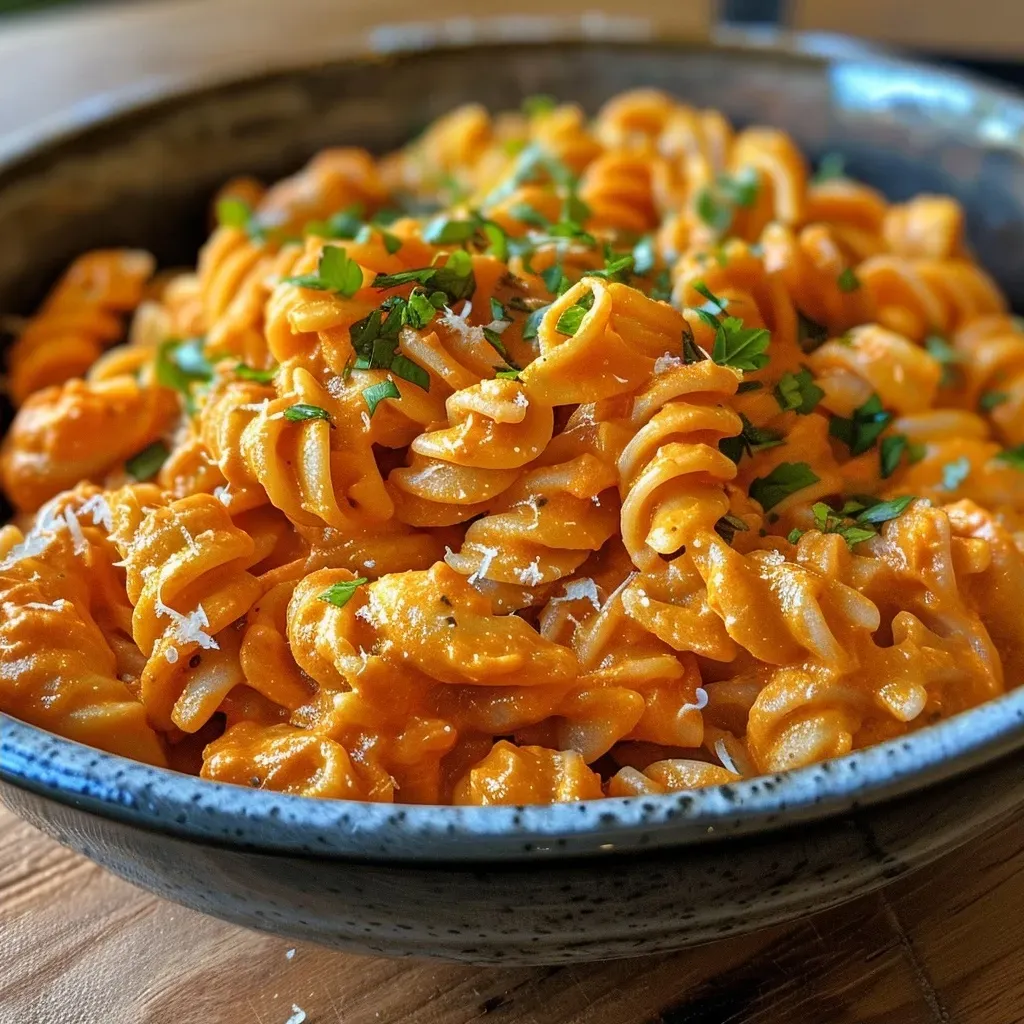 ['A creamy pumpkin pasta dish in a bowl, with a rich orange color and garnished with herbs.',