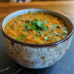 ['Close-up view of a hearty one-pot pumpkin lentil soup in a bowl, garnished with cilantro.', 'A side view of vibrant orange pumpkin lentil soup, featuring fresh ingredients on display.', 'Delicious one-pot pumpkin lentil soup served in a rustic bowl, showcasing colorful vegetables.', 'Creamy pumpkin lentil soup with flecks of spices and herbs, ready to be savored.']