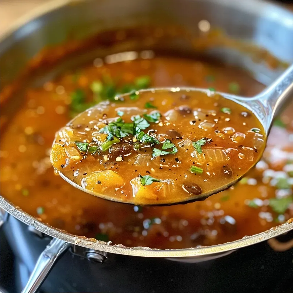 ['Close-up view of a hearty one-pot pumpkin lentil soup in a bowl, garnished with cilantro.', 'A side view of vibrant orange pumpkin lentil soup, featuring fresh ingredients on display.', 'Delicious one-pot pumpkin lentil soup served in a rustic bowl, showcasing colorful vegetables.', 'Creamy pumpkin lentil soup with flecks of spices and herbs, ready to be savored.']