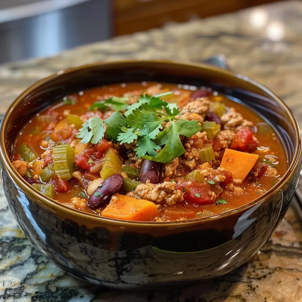 ['Close-up of a bowl of One Pot Pumpkin Turkey Chili with vibrant vegetables and beans.', 'Side view of a steaming bowl of turkey chili featuring pumpkin and colorful ingredients.', 'Juicy One Pot Pumpkin Turkey Chili rich in texture and color, served in a white bowl.', 'Delicious pumpkin chili with ground turkey and various vegetables, captured from a side angle.']
