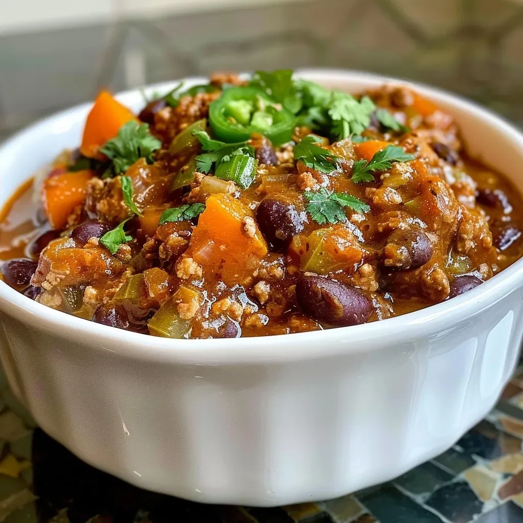 ['Close-up of a bowl of One Pot Pumpkin Turkey Chili with vibrant vegetables and beans.', 'Side view of a steaming bowl of turkey chili featuring pumpkin and colorful ingredients.', 'Juicy One Pot Pumpkin Turkey Chili rich in texture and color, served in a white bowl.', 'Delicious pumpkin chili with ground turkey and various vegetables, captured from a side angle.']