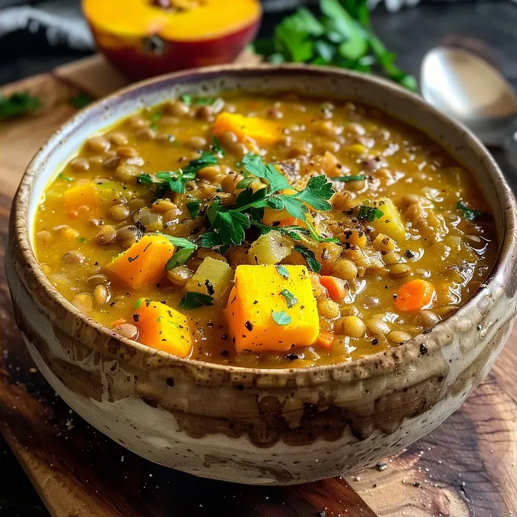 ['Close-up view of a bowl filled with vibrant orange pumpkin and lentil soup, garnished with fresh herbs.', 'Side view of a steaming bowl of spiced pumpkin and lentil soup, showcasing its rich texture and vibrant color.', 'Detailed shot of a hearty one-pot pumpkin and lentil soup in a bowl, topped with chopped cilantro.', 