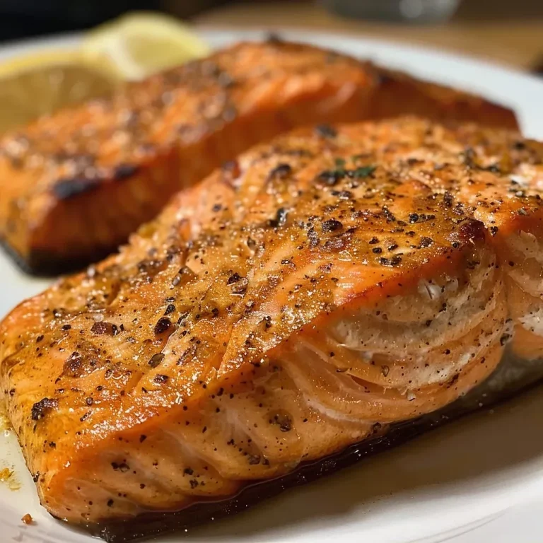 ['Juicy oven baked salmon fillets seasoned and glazed, displayed on a plate.', 'Close-up view of two succulent salmon fillets, golden and garnished, on a wooden board.', 'Side view of baked salmon with a crispy texture, garnished with spices, captured on a smartphone.', 'Freshly baked salmon fillets glistening with melted butter and spices, ready to serve.']