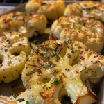 ['Close-up image of roasted cauliflower florets drizzled with olive oil.', 'Side view of golden-brown oven-roasted cauliflower on a plate.', 'Juicy oven-roasted cauliflower with a crispy exterior and herbs.', 'Freshly roasted cauliflower steaks garnished with spices.']