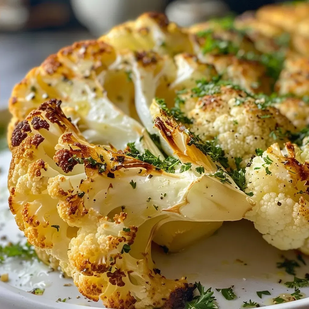 ['Close-up image of roasted cauliflower florets drizzled with olive oil.', 'Side view of golden-brown oven-roasted cauliflower on a plate.', 'Juicy oven-roasted cauliflower with a crispy exterior and herbs.', 'Freshly roasted cauliflower steaks garnished with spices.']