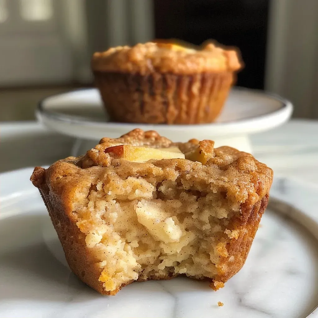 Close-up view of a golden brown apple cinnamon muffin with a sprinkle of cinnamon on top.