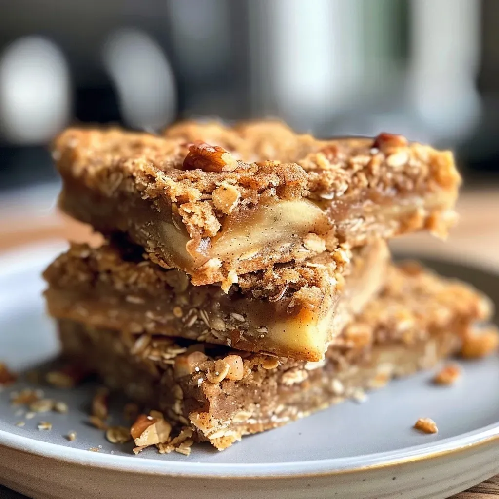 ['Close-up view of baked cinnamon apple bars, showcasing oats and apple chunks.', 'Side view of delicious protein-packed cinnamon apple bars with a golden-brown crust.', 'Juicy baked cinnamon apple bars displayed with visible ingredients like oats and diced apples.', 'Cooked protein apple bars featuring a crispy top and soft interior, garnished with walnuts.']