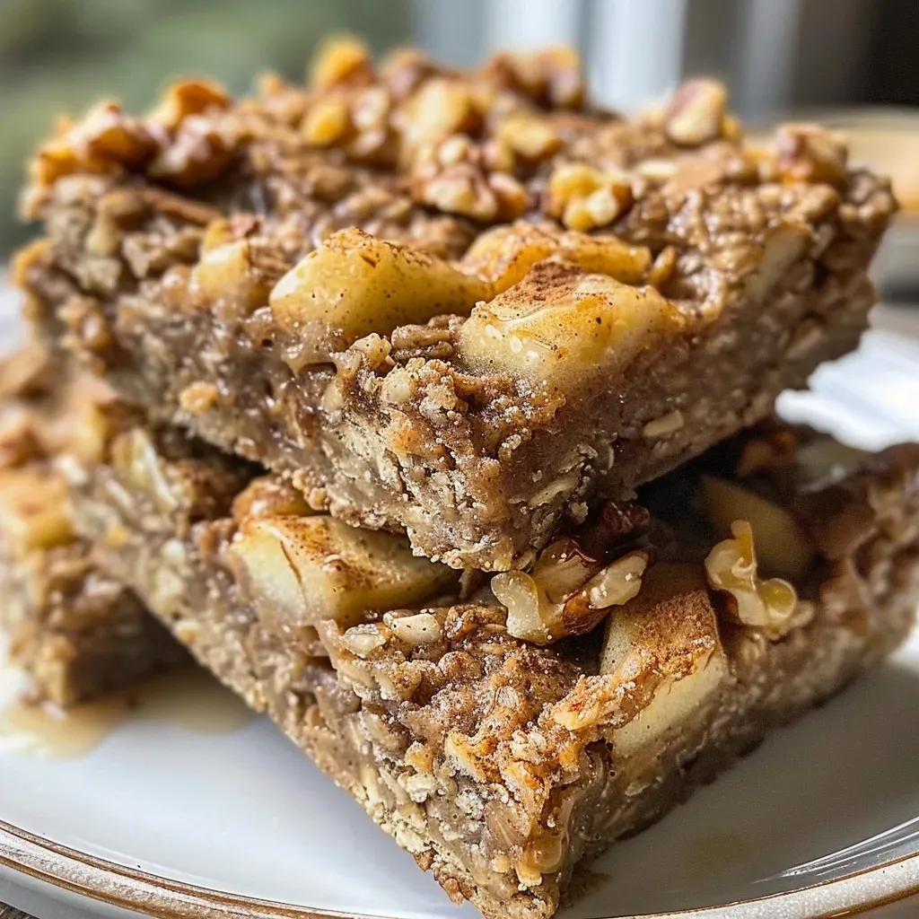['Close-up view of baked cinnamon apple bars, showcasing oats and apple chunks.', 'Side view of delicious protein-packed cinnamon apple bars with a golden-brown crust.', 'Juicy baked cinnamon apple bars displayed with visible ingredients like oats and diced apples.', 'Cooked protein apple bars featuring a crispy top and soft interior, garnished with walnuts.']