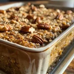 ['Close-up side view of Protein Pumpkin Baked Oats topped with pecans.', 'Delicious Protein Pumpkin Baked Oats in a bowl, featuring a creamy texture.', 'Side view showing a serving of Protein Pumpkin Baked Oats with pumpkin puree.', 'Protein Pumpkin Baked Oats with a golden hue and a sprinkle of cinnamon.']