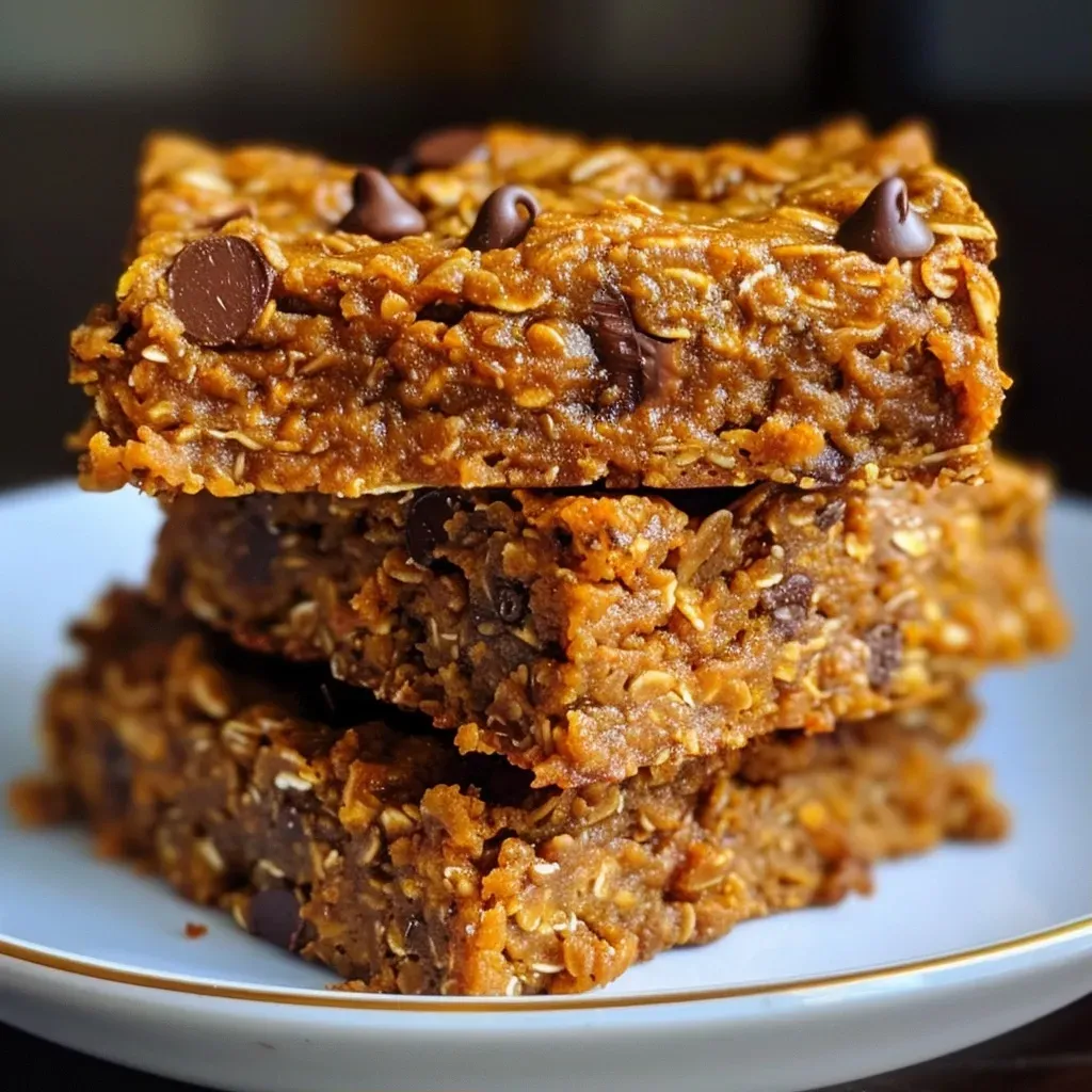 ['Close-up side view of a Protein Pumpkin Bar topped with dark chocolate chips.', 'A delicious Protein Pumpkin Bar, showcasing its moist texture and pumpkin flavor.', 'Side view of a Protein Pumpkin Bar with visible oats and chocolate chips.', 'Close-up image of golden-brown Protein Pumpkin Bars, highlighting their ingredients.']
