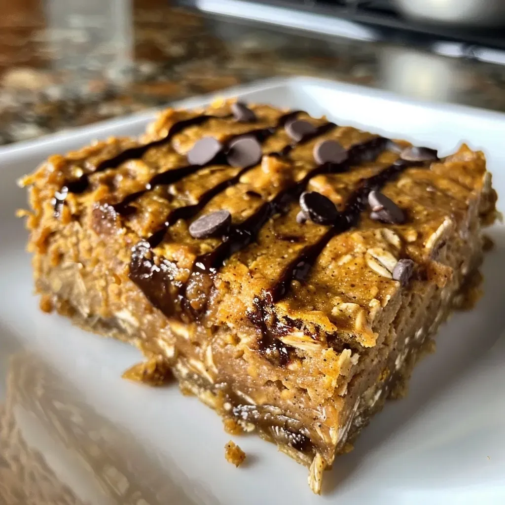 ['Close-up side view of a Protein Pumpkin Bar topped with dark chocolate chips.', 'A delicious Protein Pumpkin Bar, showcasing its moist texture and pumpkin flavor.', 'Side view of a Protein Pumpkin Bar with visible oats and chocolate chips.', 'Close-up image of golden-brown Protein Pumpkin Bars, highlighting their ingredients.']