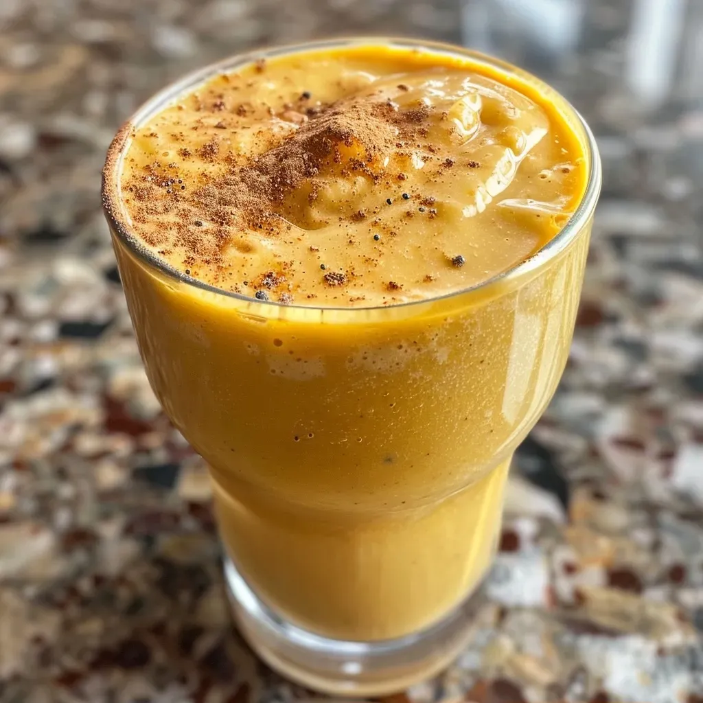 ['Close-up of a creamy protein pumpkin smoothie in a glass.', 'Side view of a vibrant pumpkin smoothie with a smooth texture.', 'Thick pumpkin smoothie in a clear cup, showcasing its rich color.', 'Delicious protein pumpkin smoothie with a sprinkle of spice on top.']
